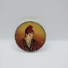 Vtg Round Oriental Red/Gold Enamel Image Handsome Japanese Shogun Mirror picture