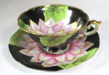 Tea Cup & Saucer Saji Handpainted Occupied Japan Pink Lotus Black Vintage picture