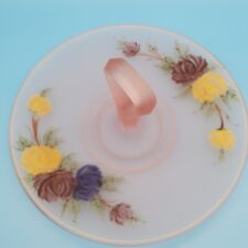 Vintage Pink Frosted Glass Tidbit Dessert Tray Handpainted Flowers Center Handle picture