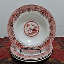 Vintage Emerald Chinese Garden Red / White Porcelain Lot of 4 Soup Bowls picture