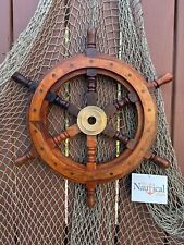 Wooden Ship's Wheel  Brass Center Nautical Decor Handmade Beautiful Gift picture
