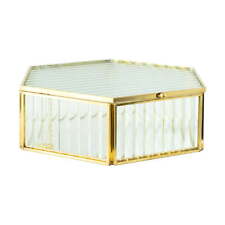 Hexagon Ribbed Clear Glass and Brass Hinged Top Jewelry Box picture