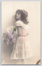 Postcard RPPC Girl With Flowers Studio Hand Colored Vintage Antique picture