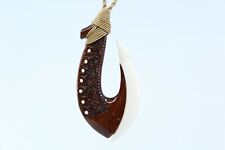Hawaiian Koa Wood Fish Hook Necklace - Hand Carved Buffalo Bone, Tribal Design picture