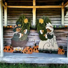 Vintage Mid-century Modern Hand Painted Wooden Fall Harvest Pilgrim Mice 10in  picture