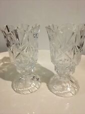 Set of 2 Vintage Cut Glass Scalloped Crystal Candle Holders Hurricane Lamps 7” picture