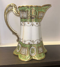 Antique Noritake Nippon Hand Painted Gilded Gold Moriage Beaded Pitcher picture