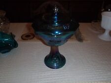 Blue Carnival Glass Pedestal Bowl Harvest Grape design with Lid picture