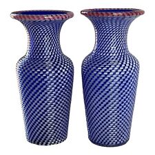Pair Antique Clichy Latticinio Blue Ribbon Patterned Vases w/Red Trim France picture