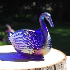 Imperial Glass Swan Open Trinket Candy Dish Iridescent Carnival Cobalt Blue Tag picture