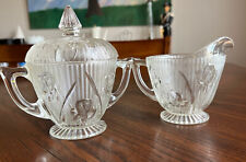 Vintage Iris Herringbone Clear Depression Glass Creamer And Sugar Bowl With Lid picture
