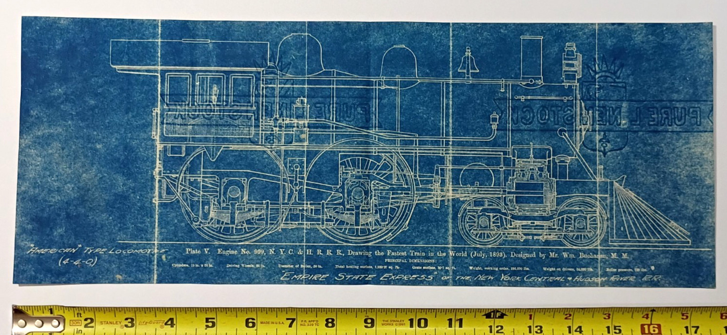 1893 NYC Engine 999 Empire State Express Locomotive Vintage Blueprint 4-4-0