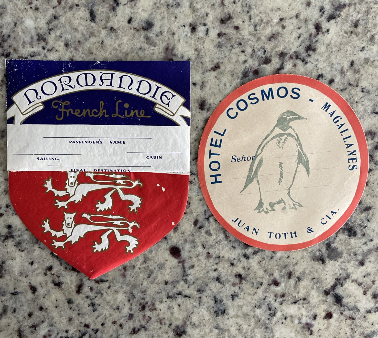 2 Labels 1938 S.S. NORMANDIE French Line S American Cruise & Hotel Cosmos Chile