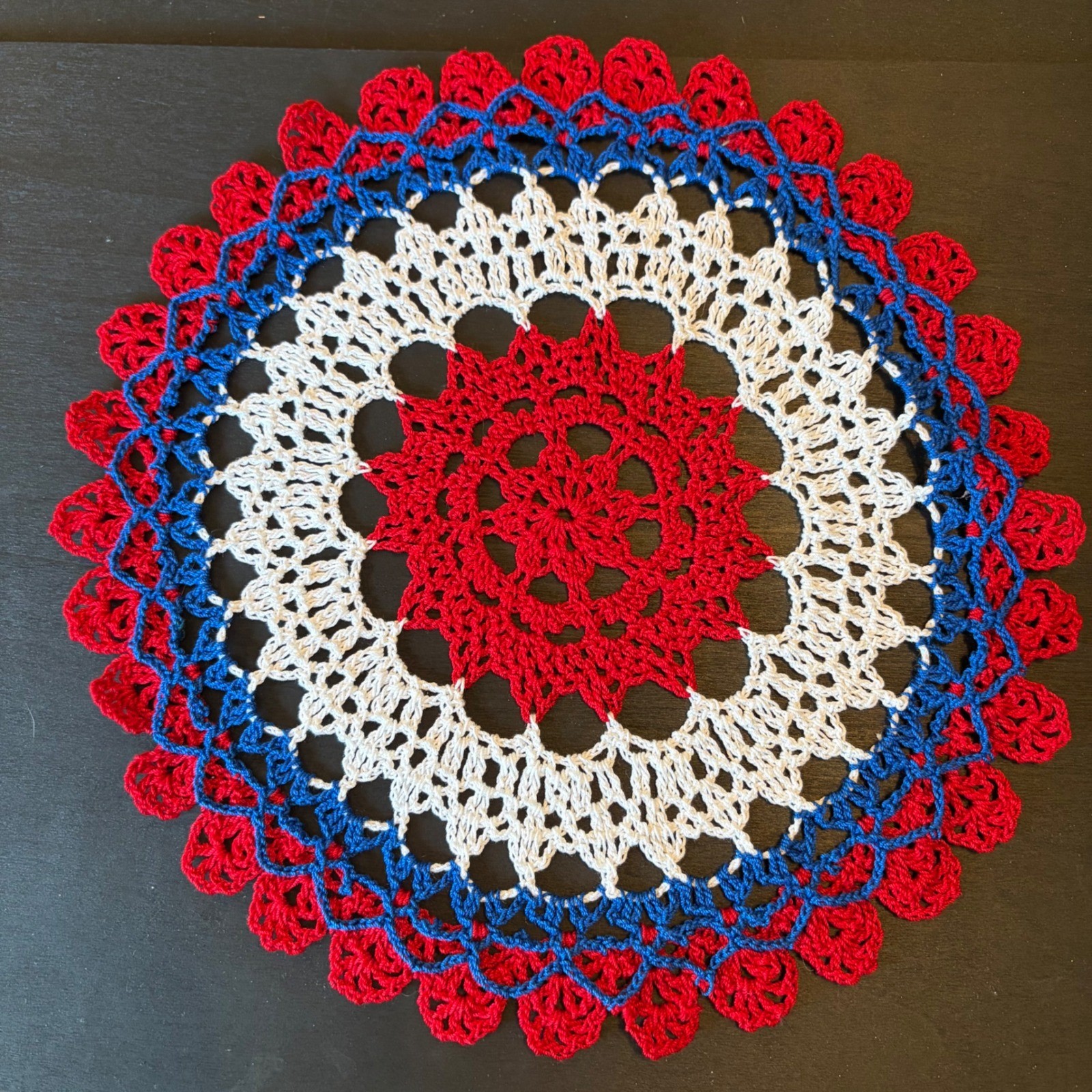 Vintage Handmade Crochet Doily Red White Blue Patriotic Round Scalloped 12 Inch
