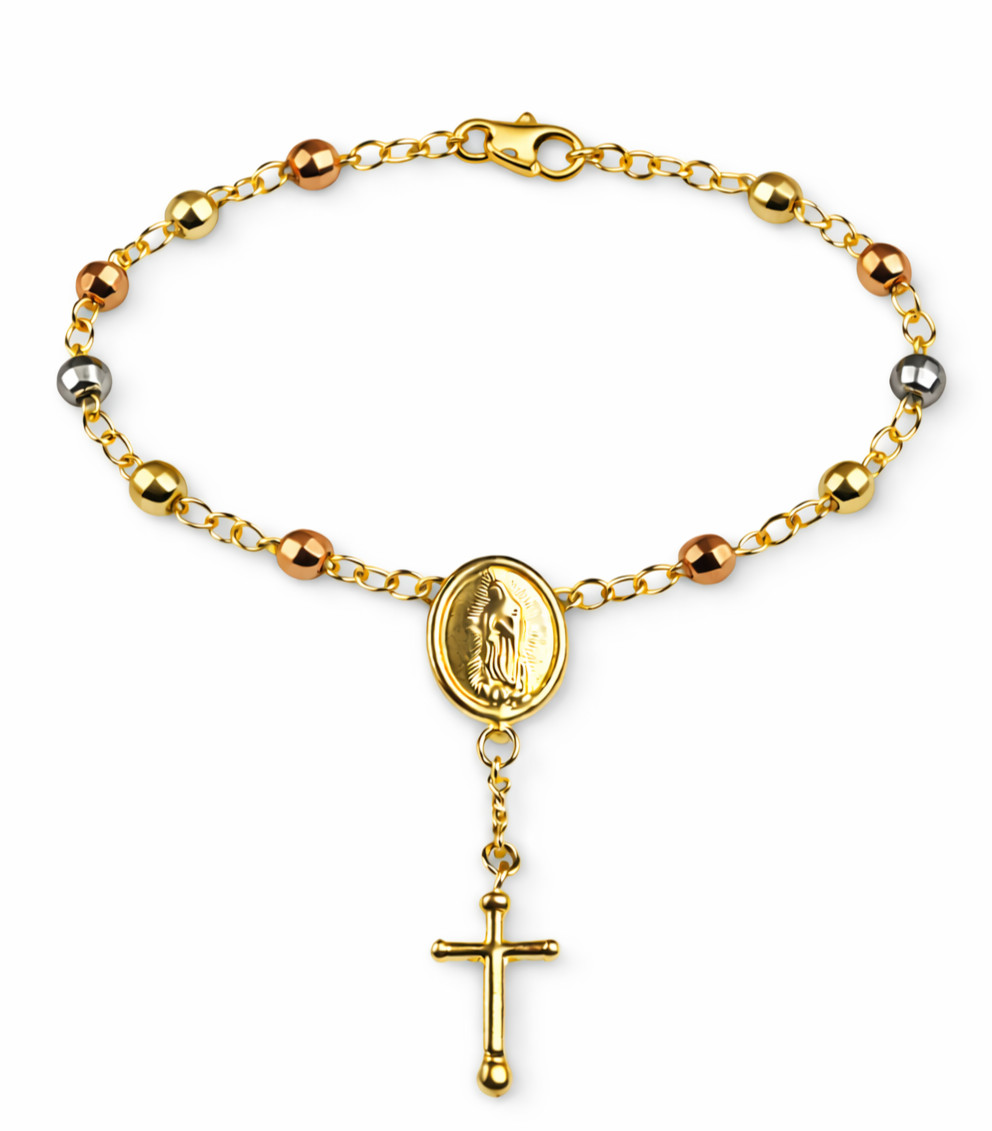 Italian 1/200 14K Yellow Gold Overlay Guadalupe Catholic Rosary Bead Bracelet