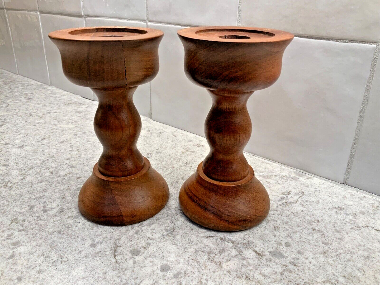 Vintage Mid Century Modern Kustom Kraft Wood Candleholders/Candlesticks 5.5