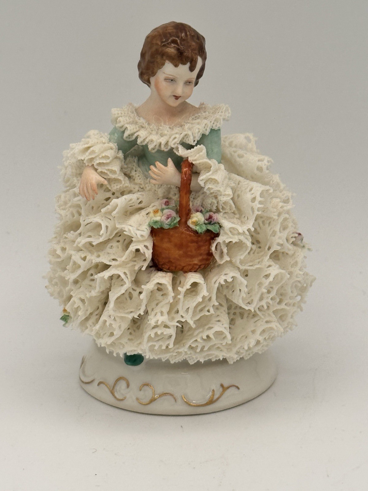 Vintage MZ Ireland Dresden Lace Green Dress Figurine Girl With Flower Basket 5” 