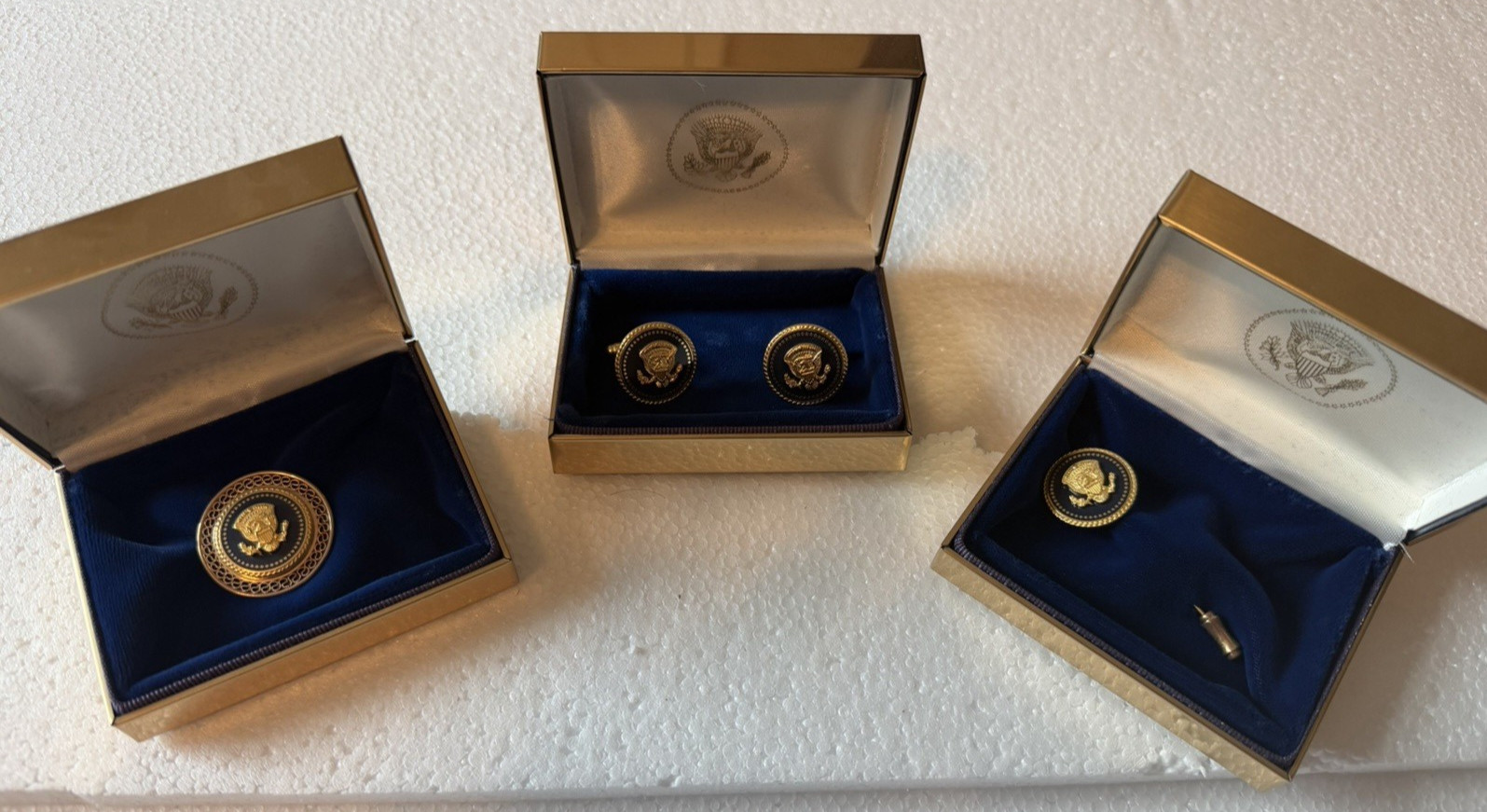 3 REAL President George W Bush 43 VIP cobalt gold gift cufflinks lapel brooch
