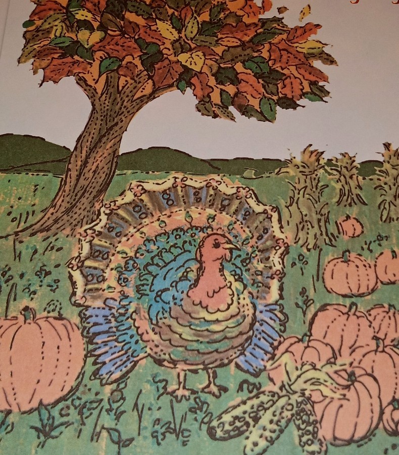 UNUSED THANKSGIVING card, cute turkey in a pumpkin patch 7 1/2\