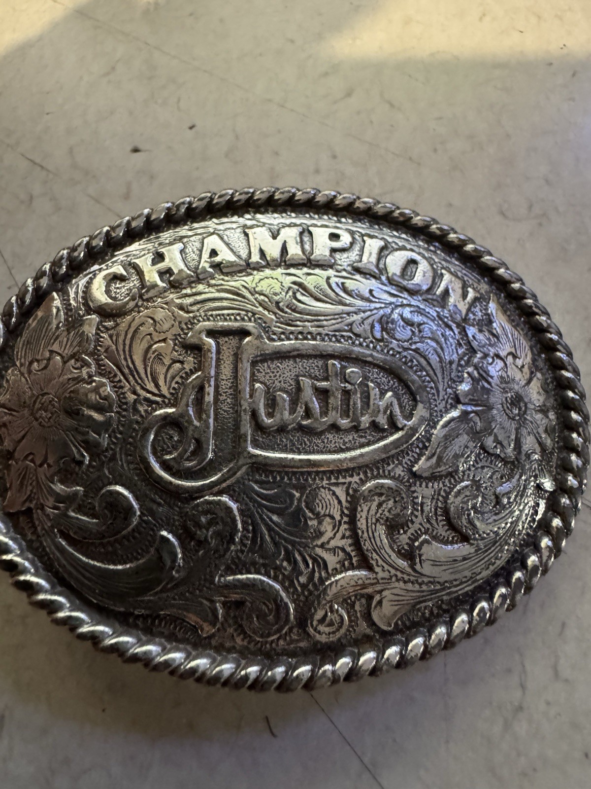 Vintage Justin Boots Champion Belt Buckle Rodeo Western Cowboy 