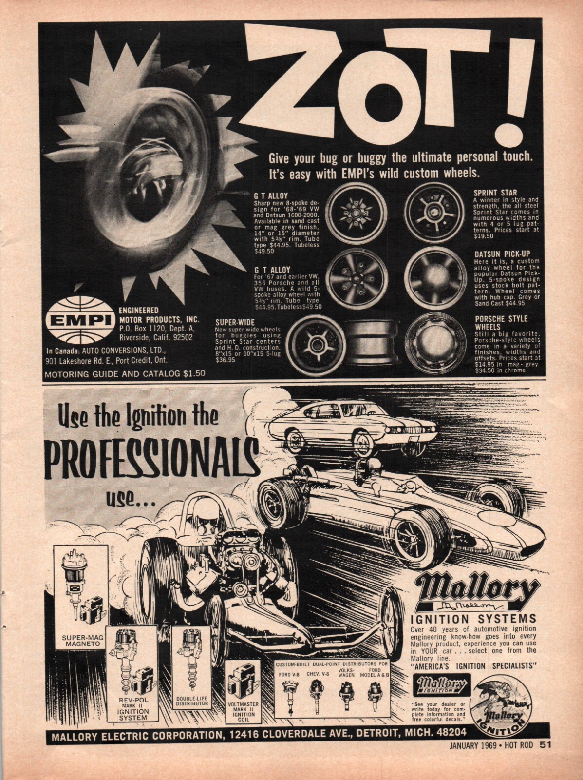 Two Vintage Print Ads 1969 Mallory Ignition Systems EMPI Rims Two Vintage Print Ads 1969 Mallory Ignition Systems EMPI Rims