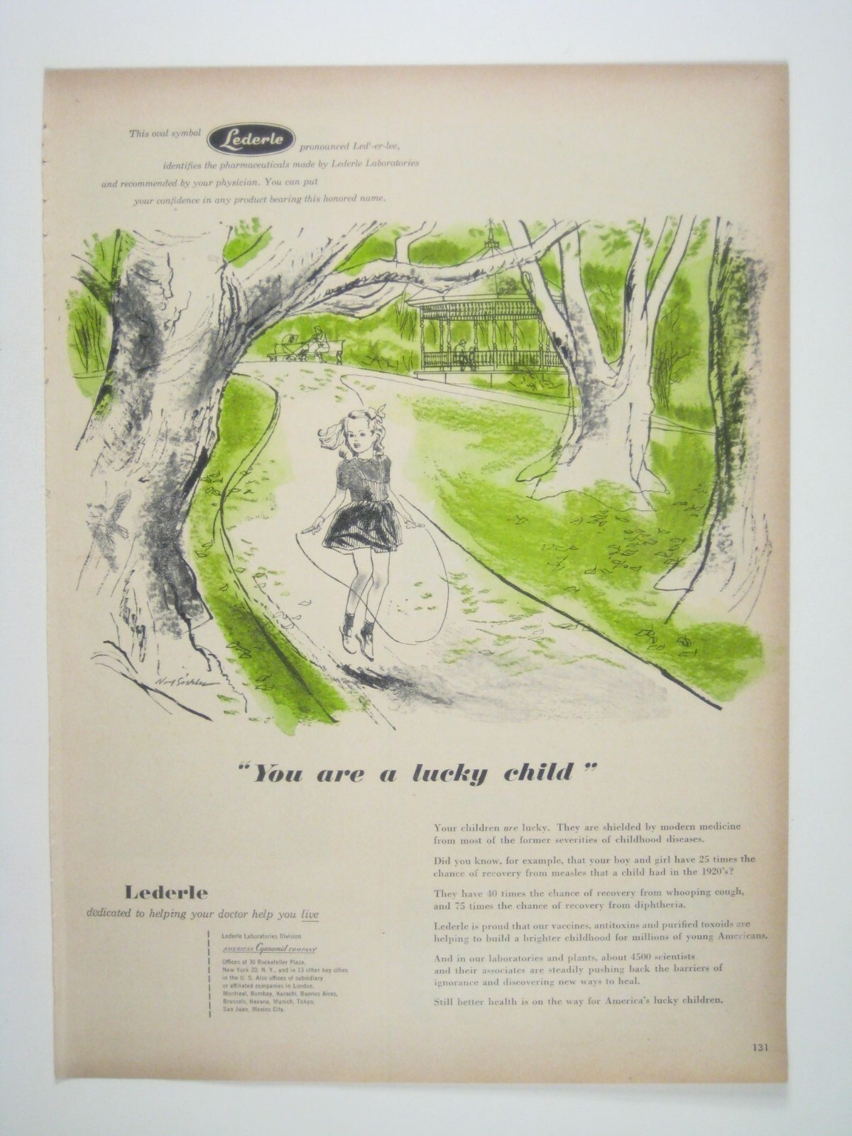 Vintage Lederle Pharmaceutical Ad Print You Are A Lucky Child 1950s Jump Rope