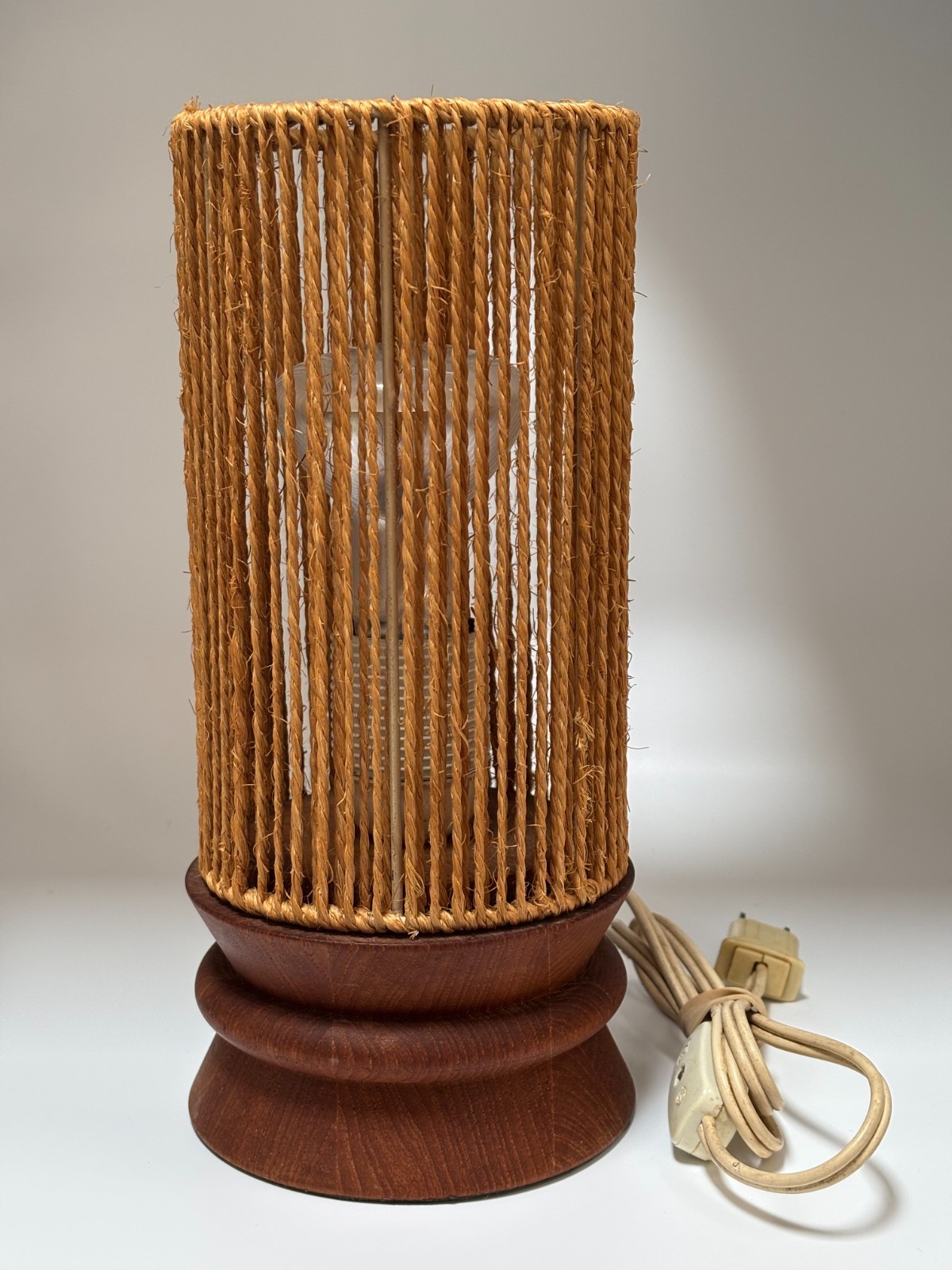 Vintage 50s 60s MCM Swiss Teak Table Lamp W/ Paper Cord Shade Temde? Rare - READ