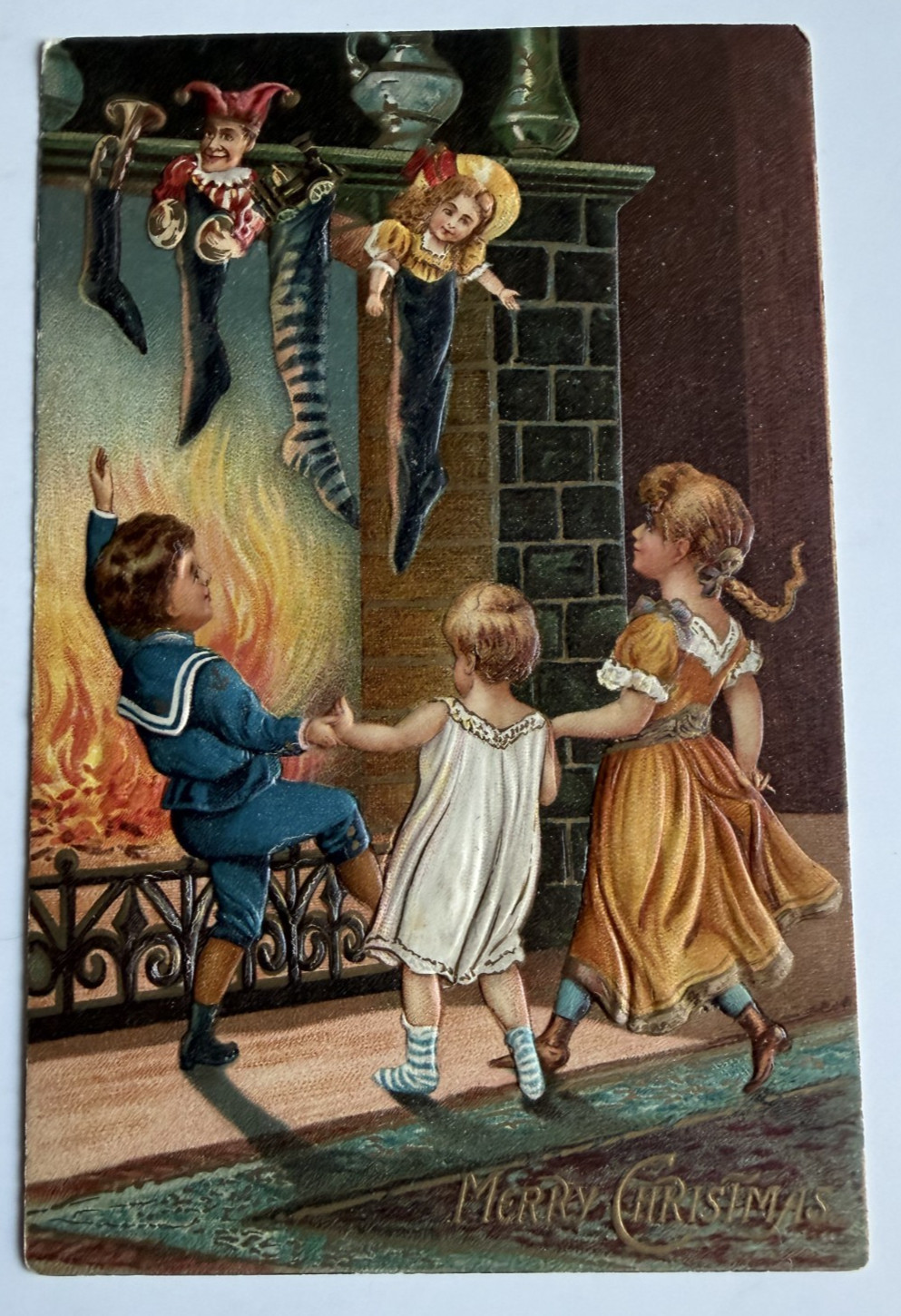 Christmas Children Fireplace Stockings Embossed c1908 Relay MD DPO
