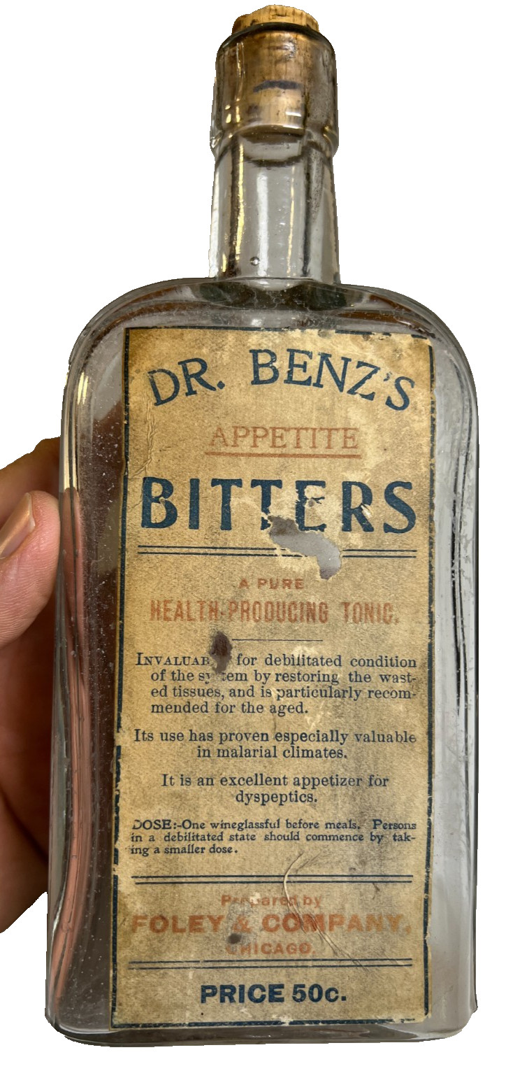 Antique Dr Benz\'s Appetite Bitters Foley Chicago Label Cork Revenue Stamp Bottle