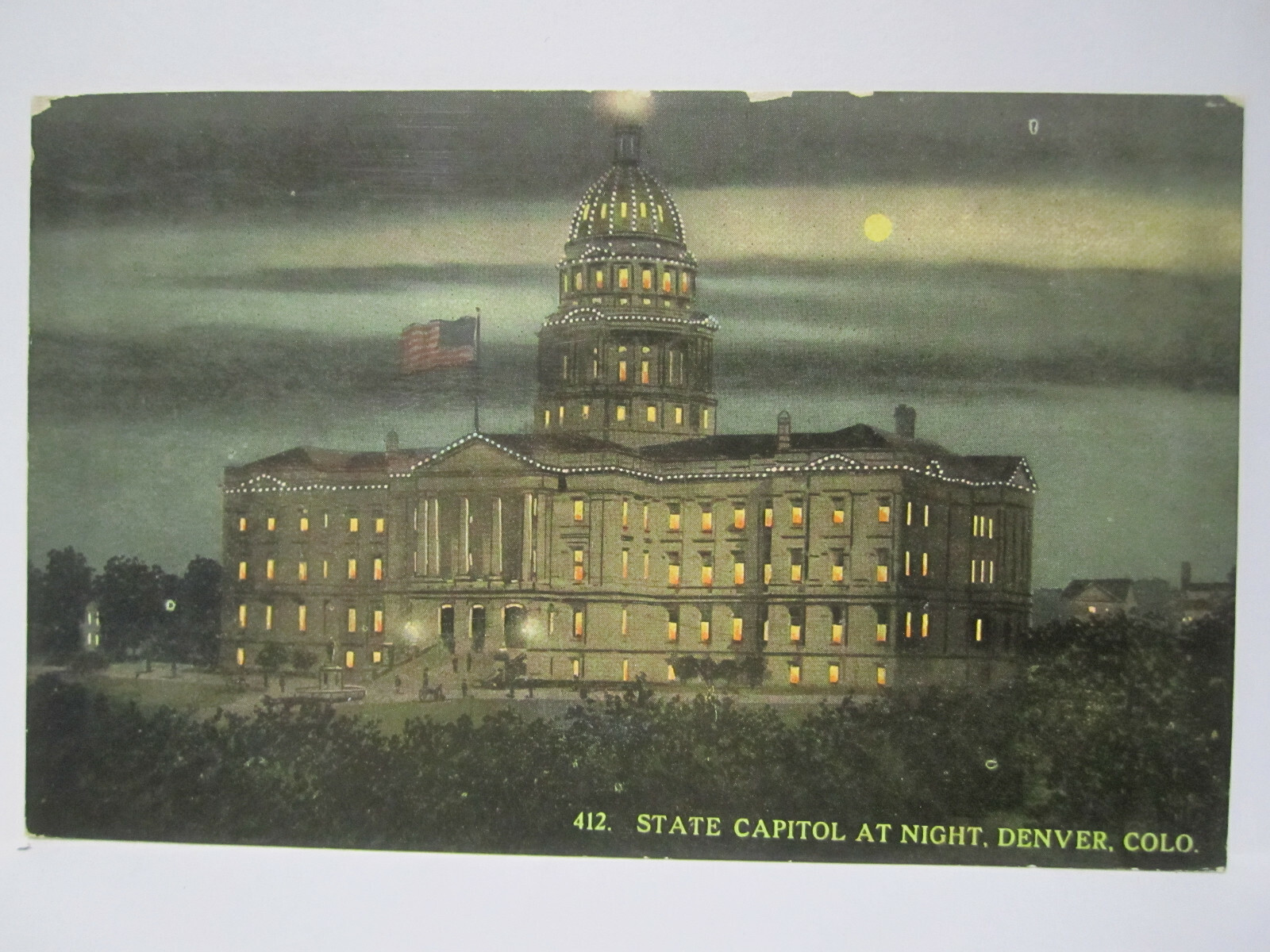 COLORADO STATE CAPITAL BUILDING AT NIGHT MOONLIGHT POSTCARD DENVER CO 1912