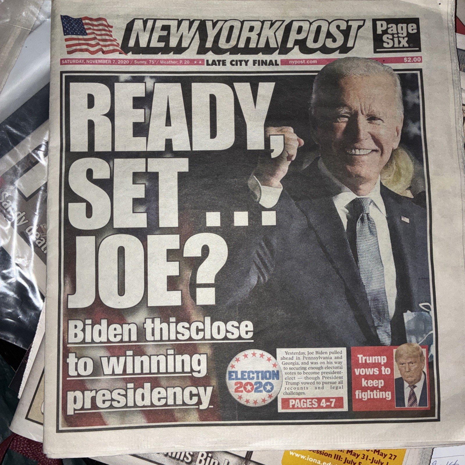 2020 NOVEMBER 7 NEW YORK POST NEWSPAPER - BIDEN THIS CLOSE TO WINNING PRESIDENCY