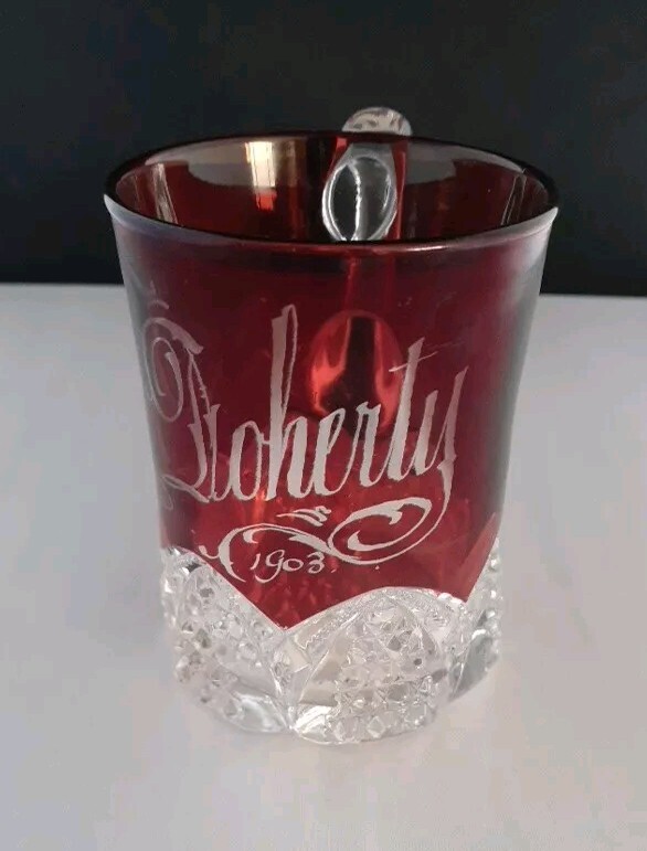 1903 Ruby Flashed A  Doherty  Souvenir Cup Mug Glass Arched 3 7/8\