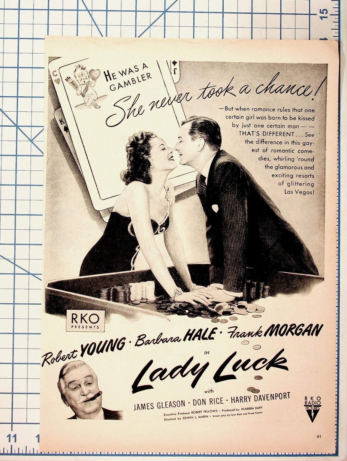 Lady Luck 1946 RKO Movie Ad Robert Young Barbara Hale Las Vegas Casino Ephemera