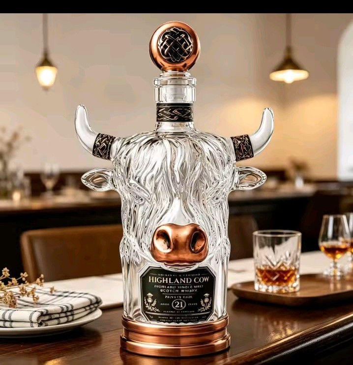 Highland Cow Shaped Glass Whiskey Decanter Bottle with Stopper Vintage Bull..WWW