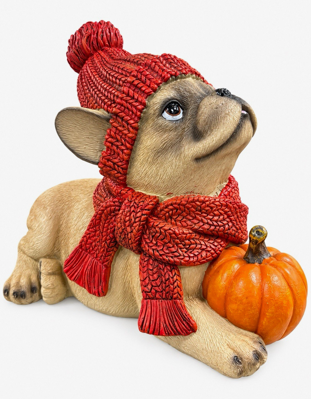 Fall Seasonal Dog Figurine Red Knit Hat Scarf Pumpkin Resin Hand Painted 3D