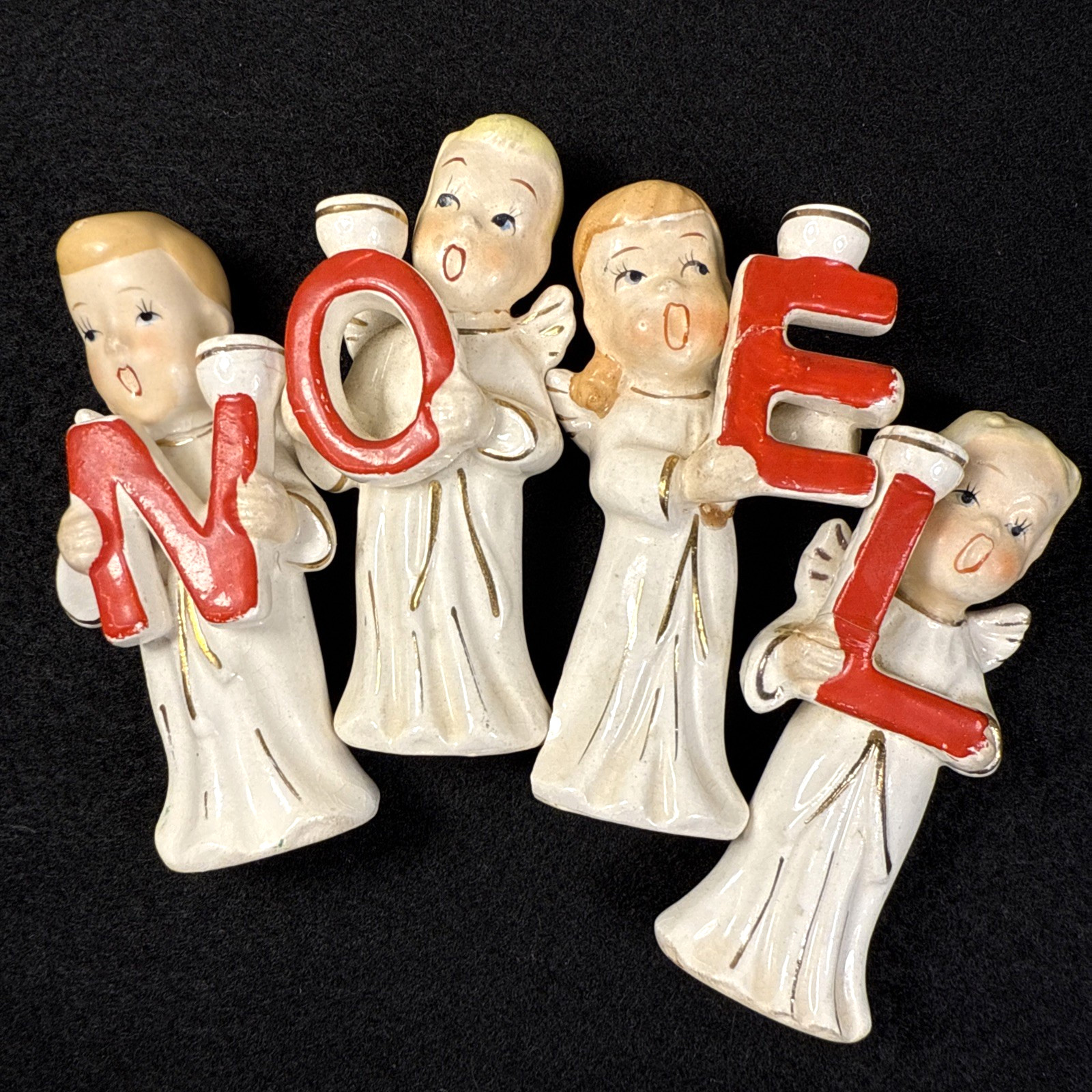 4 Vintage Christmas Figurines NOEL Choir Angels Ceramic Japan As Is Has Repairs