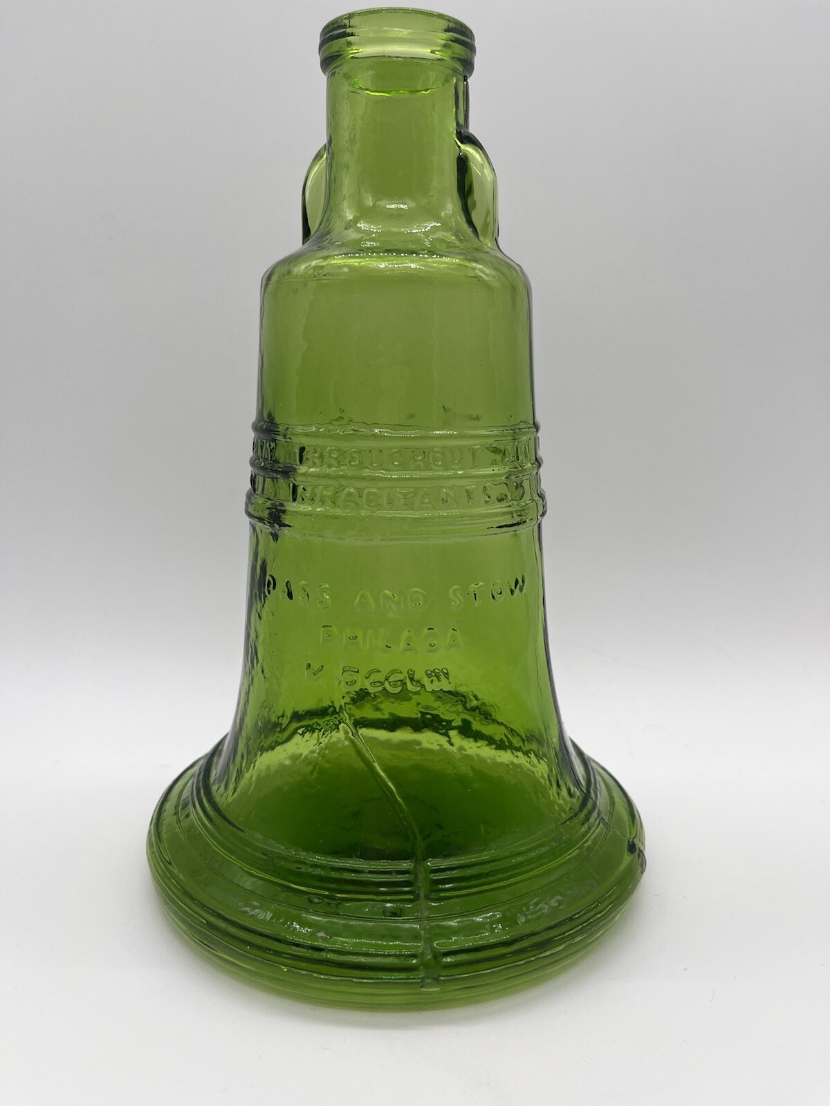 Vintage Wheaton Glass 1970\'s Green Glass Liberty Bell Embossed Bottle 7.5\