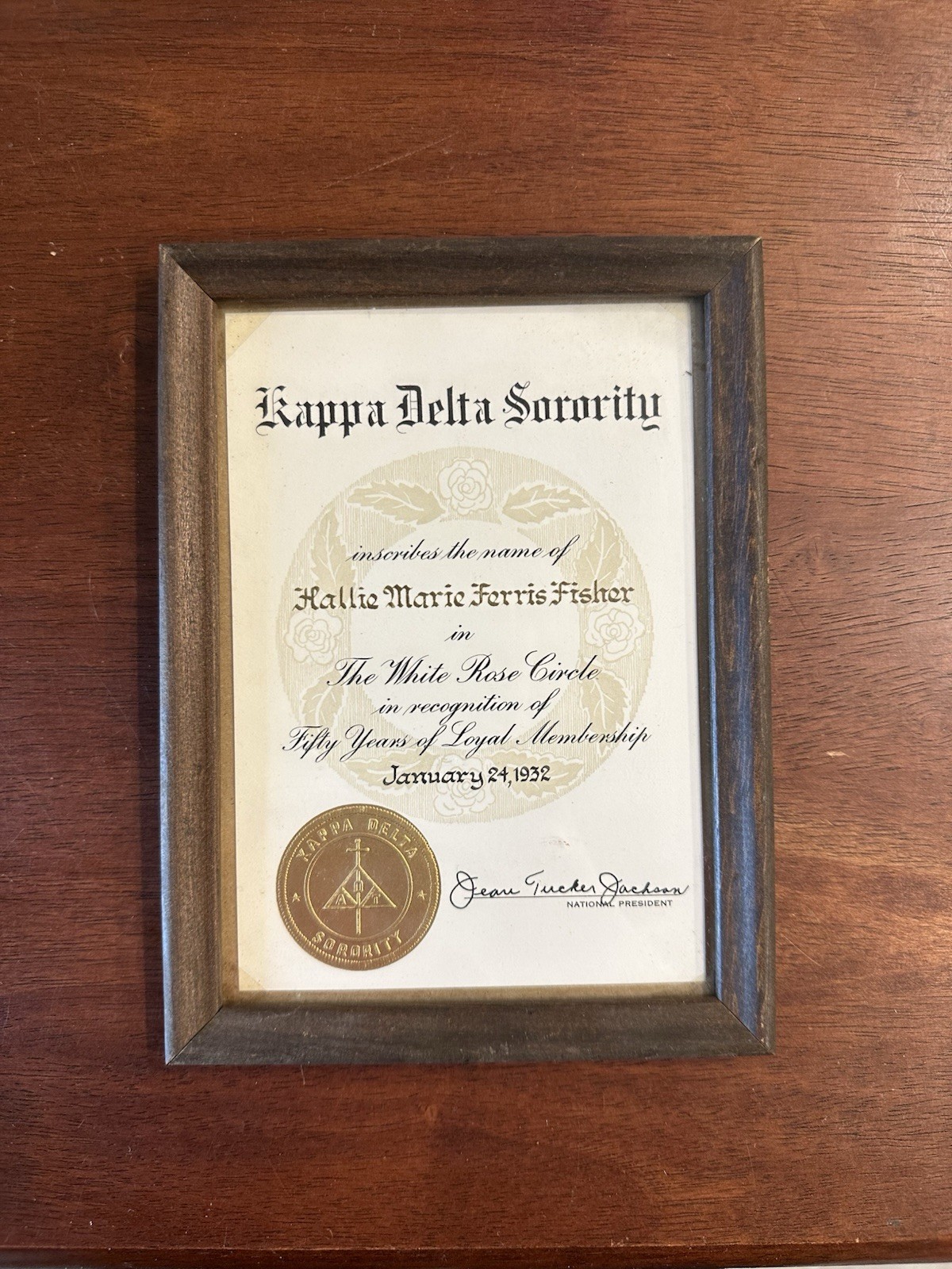 Vintage Kappa Delta Sorority White Rose Circle Award Jean Tucker Jackson 1980s