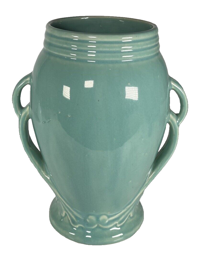 Vintage 1940s RRPC American Pottery Art Deco Green Glaze 2 Handled Vase 8\