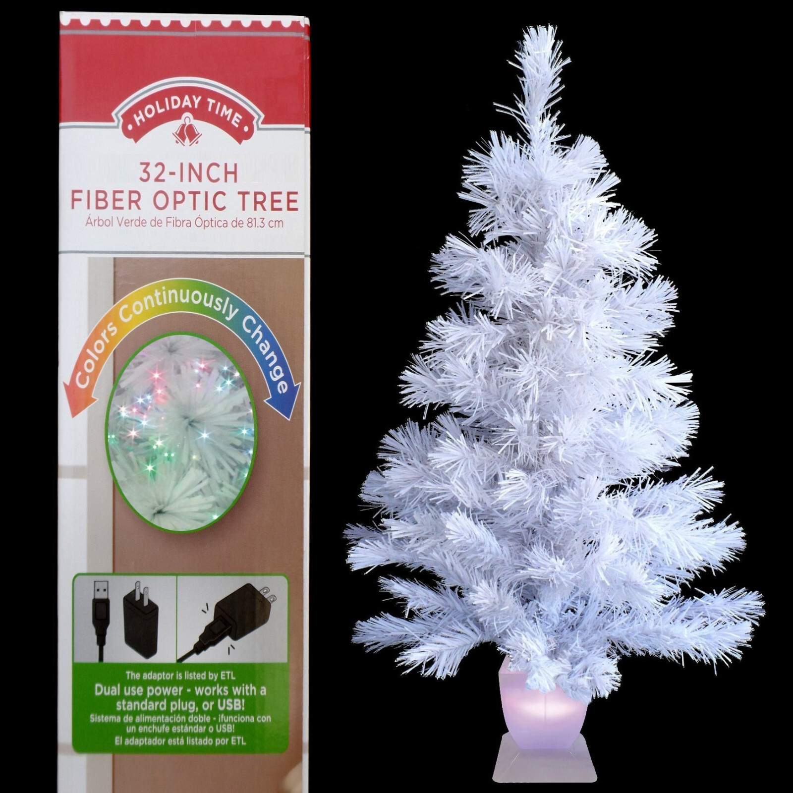 WHITE FIBER OPTIC CHRISTMAS TREE & LIGHTED TREE STAND / CHANGING MULTI-COLORS