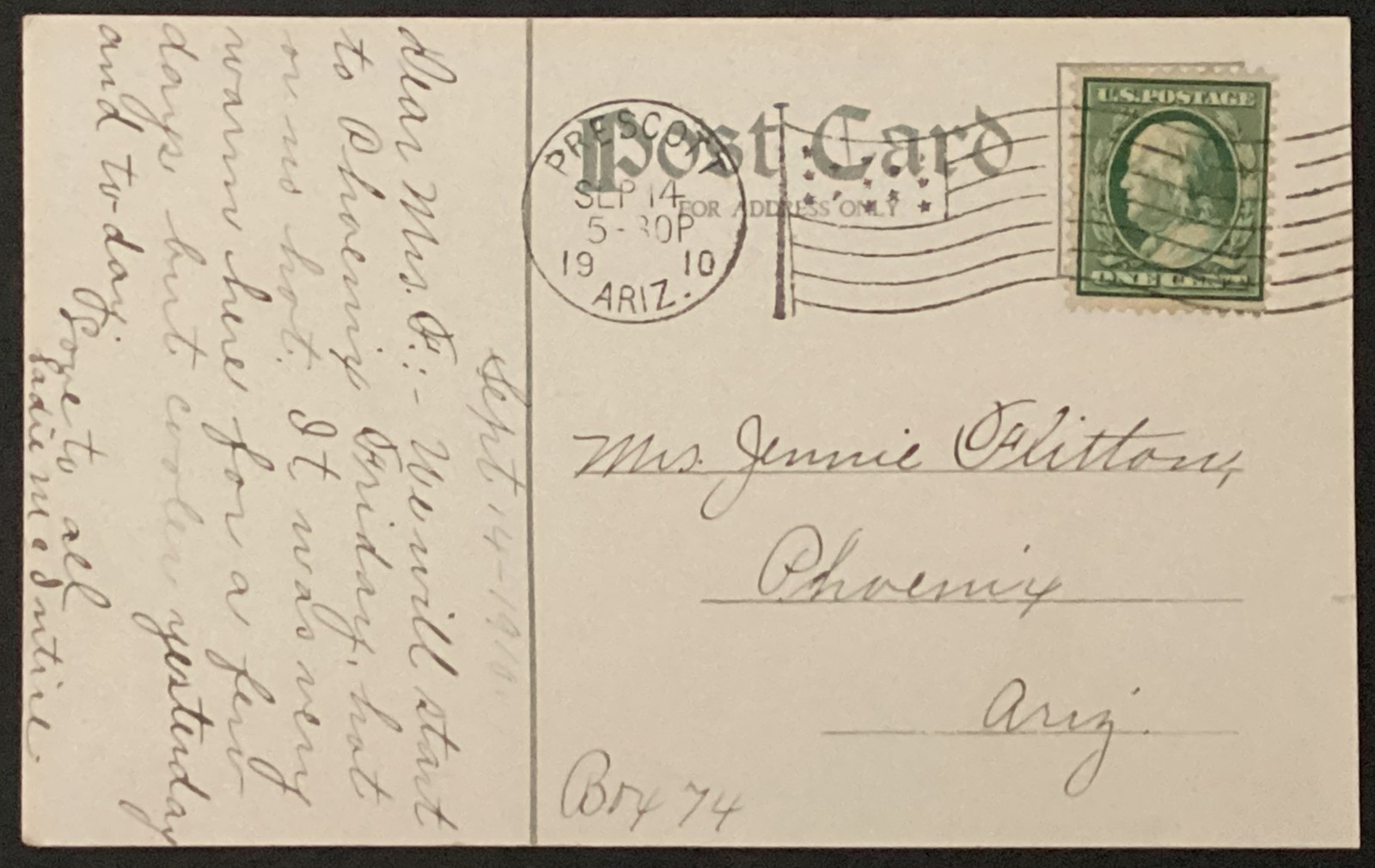 1910 Arizona Territorial Postcard Prescott to Phoenix Pre Statehood Flag Cancel