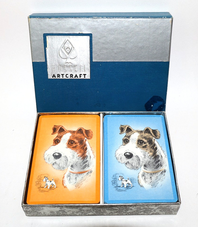 Vintage Russell Artcraft FOX TERRIER PLAYING CARDS Blue/Orange Double Deck w/Box