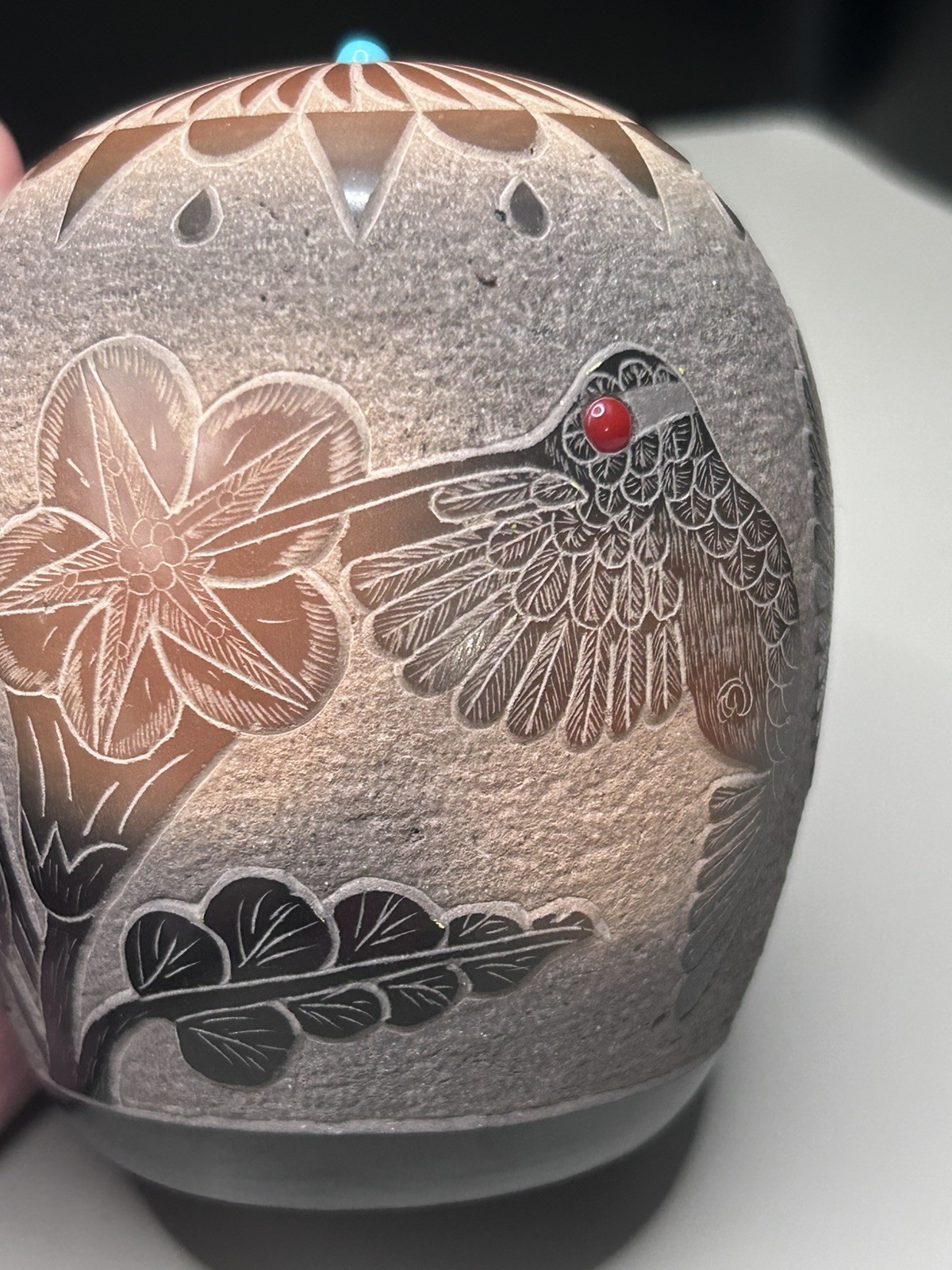 Santa Clara Pueblo Pottery Sgraffito Style Seed Pot Lorenzo Fuentes Turquoise 