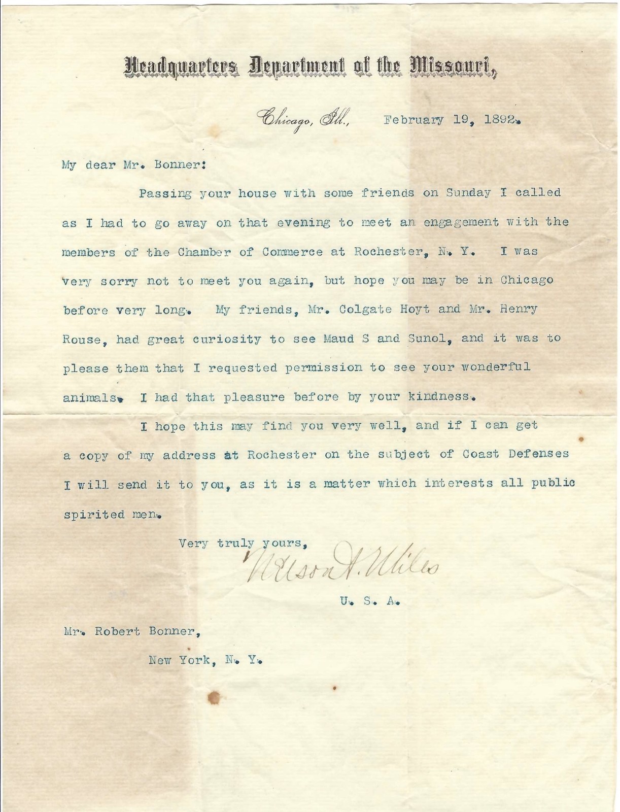 Army Officer Nelson Miles Writes NY Publisher, Horse Breeder About Visit