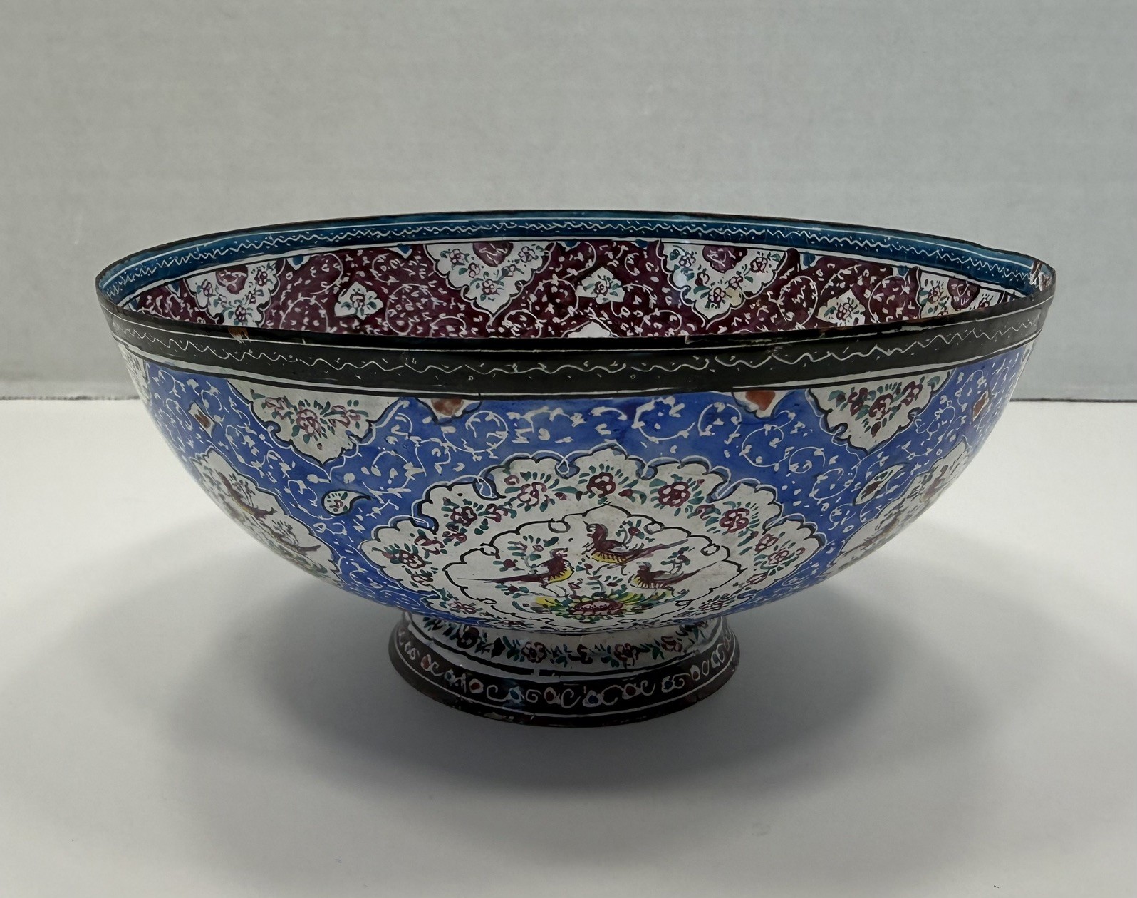 19th/20th C. Persian Qajar Minakari Enamel on Copper Bowl Hand Painted Birds