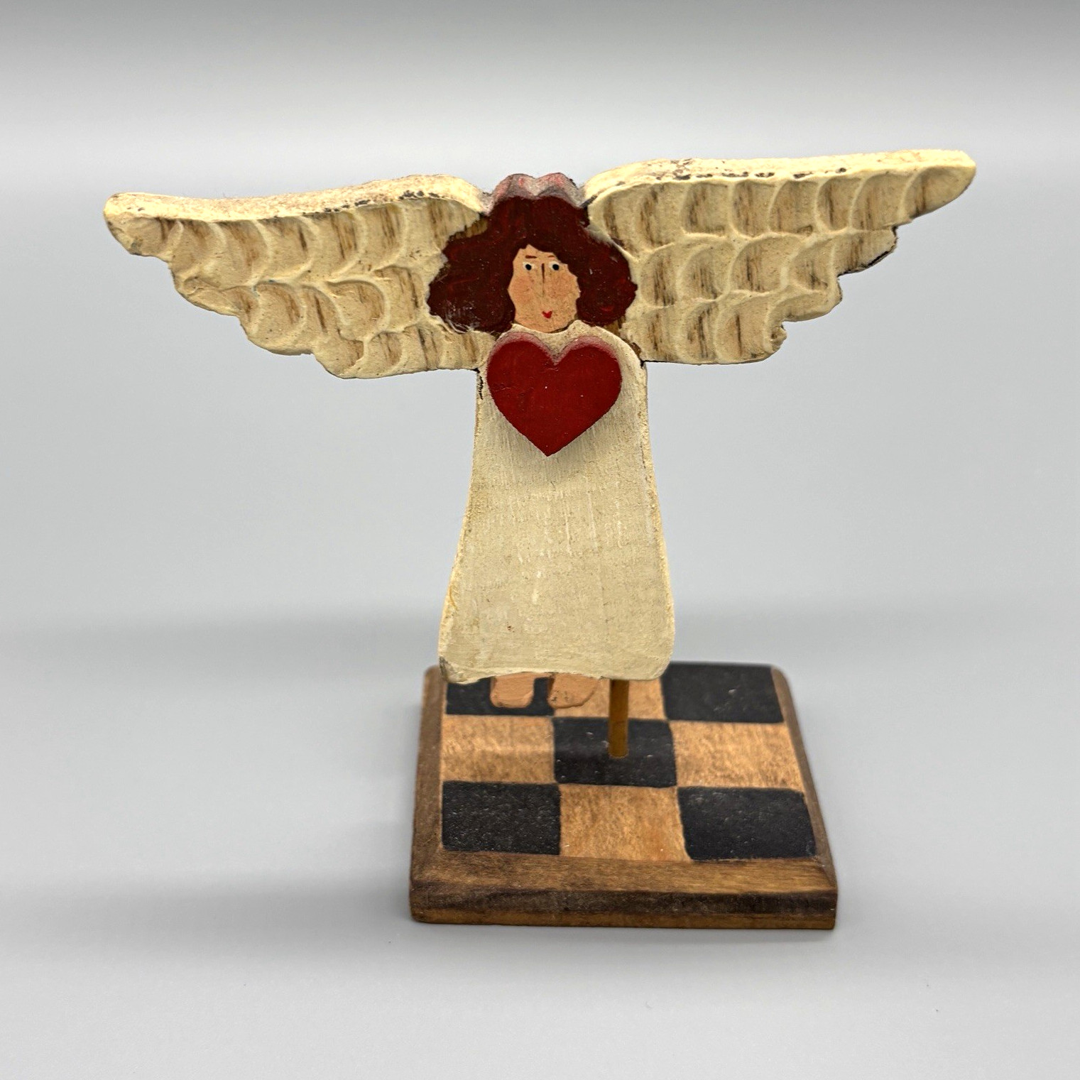 Nancy Thomas Hand-Painted Wood Angel Figurine Signed 1997 Checkered Base Nancy Thomas Hand-Painted Wood Angel Figurine Signed 1997 Checkered Base