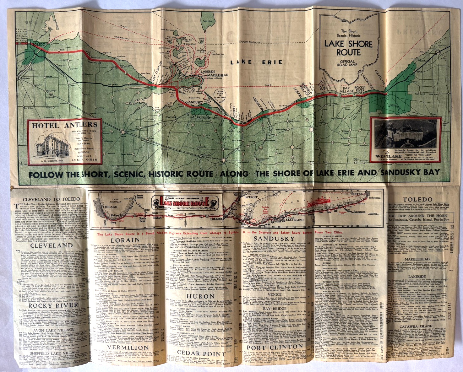 Vintage 1932 Lake Shore Route Association Road Map – Lake Erie & Sandusky Bay OH