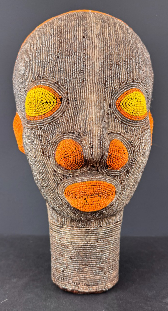 VTG African Cameroon Bamileke Tribe Orange Brown Beaded Pottery Effigy Head