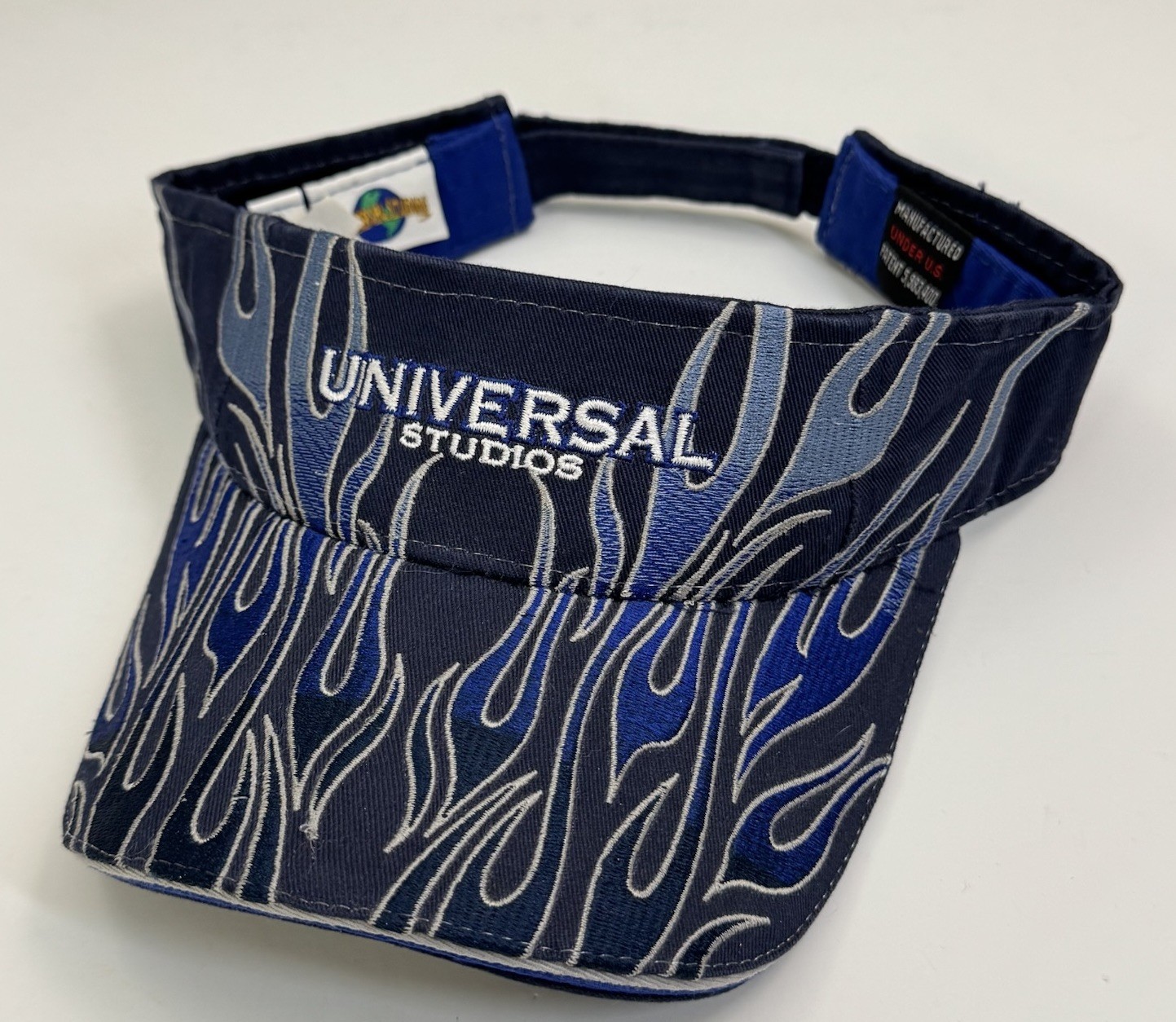 Vintage Universal Studios Theme Park Flame Fire Blue & Gray Visor Hat OSFM