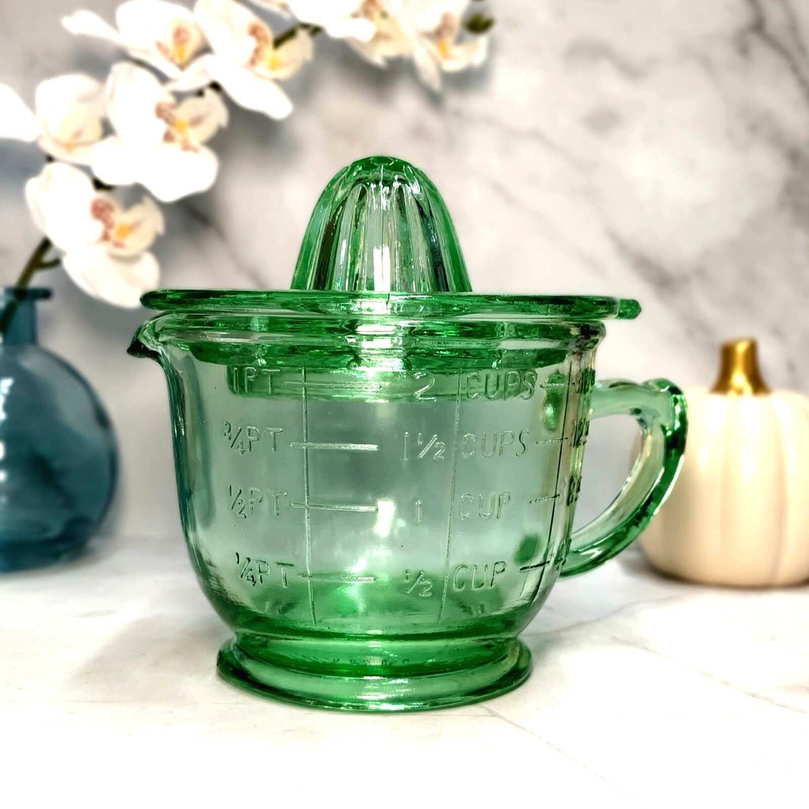 Measuring Cup Juicer Reamer Mixing Bowl, Green Depression Style Glass, VTG Style